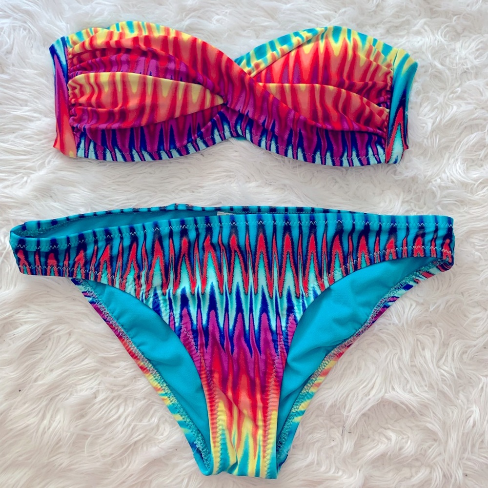 multicolor rainbow tie dye strapless bikini bathing suit ABS by allen schwartz